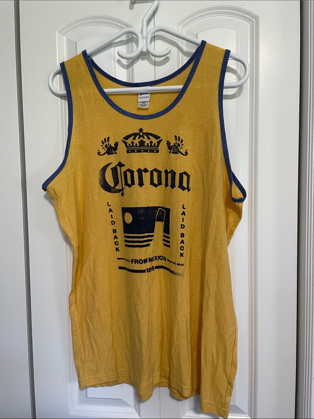 Corona Yellow Tank with Navy Trim and Graphic